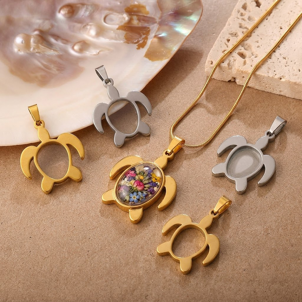 5pcs/Lot Stainless Steel Turtl - مراجعة Bezels Set Pendant وسعره